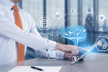 Poster - Man with tablet in office, AI interface