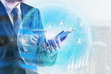 Poster - Businessman with tablet using social connection