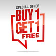 Buy 1 get 1 free in brackets speech red white isolated sticker icon