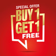 Buy 1 get 1 free in brackets speech gold white red sticker icon