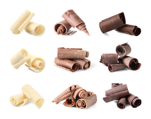 Set of different delicious chocolate curls on white background