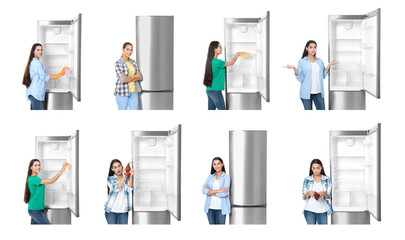 Wall Mural - Young man near open refrigerator on white background