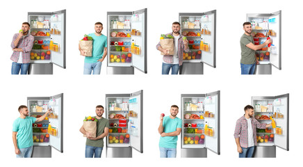 Sticker - Young man near open refrigerator on white background