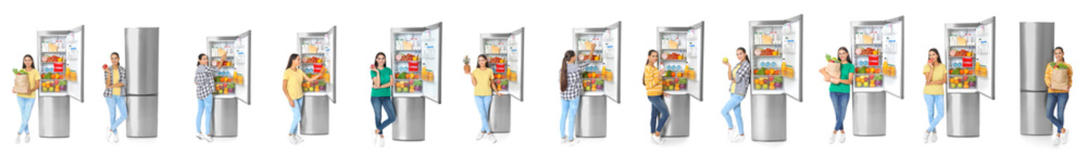 Wall Mural - Young man near open refrigerator on white background