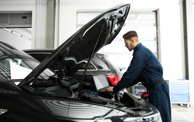 Canvas Print - Technician checking car with laptop at automobile repair shop