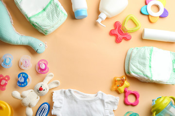 Wall Mural - flat lay composition with baby accessories and space for text on color background