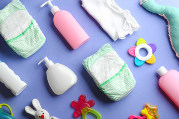 Wall Mural - flat lay composition with baby accessories on color background