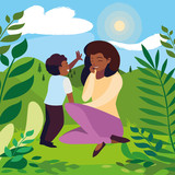 Fototapeta Psy - beautiful black mother with son in the field