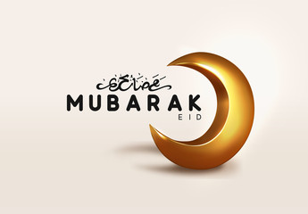 Wall Mural - Eid Mubarak islamic design gold crescent moon with arabic handwritten calligraphy Ramadan Kareem