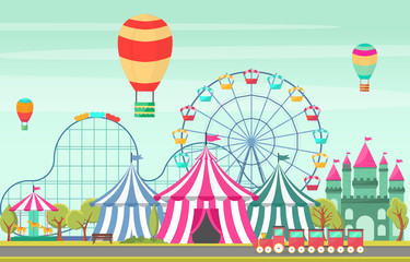 Wall Mural - Amusement Park Circus Carnival Festival Fun Fair Landscape Illustration