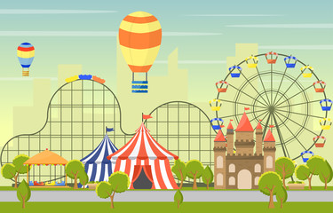 Wall Mural - Amusement Park Circus Carnival Festival Fun Fair Landscape Illustration