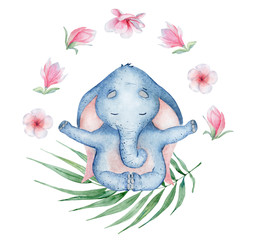 Wall Mural - Watercolor yoga elephant in lotus position with flowers cute hand drawn illustration