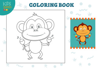 Wall Mural - Copy and color picture vector illustration, exercise. Funny cartoon monkey