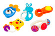 Various of Rattle toy or baby toy closeup on white background. Selective focus