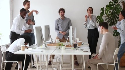 Sticker - Happy diverse office workers having fun throwing crumpled paper balls