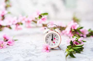 Wall Mural - Spring blossom concept. Miniature clock, flowering tree close-up and copy space. Pink natural texture of natural flowering tree.