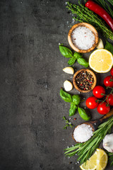 Wall Mural - Selection of spices and herbs on dark stone table.