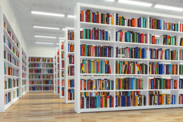 Poster - Library. Background from white  bookshelves with books and textbooks. Learning and education concept.