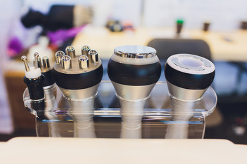 Closeup of cosmetology equipment in modern aesthetic clinic.