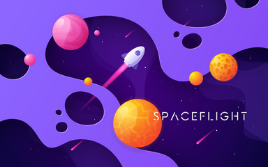 Wall Mural - Colorful cartoon outer space background, design, banner, artwork.