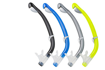 Wall Mural - four colored breathing tubes for diving, lined up on a white background