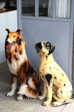 Life-size Collie And Dalmatian Vintage Dog Ceramic Sculptures Side By Side