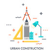 Skyscraper, ruler, pencil, lamp and compass. Urban design and construction, architecture, city and public space development, built environment, urbanism concept. Vector illustration in flat style.