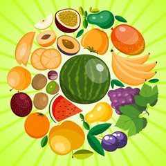 Wall Mural - Fruit round pattern with fresh product for fruit farm market. Organic and natural food vector illustration. Banana, watermelon or melon, plum, orange, grapes, kiwi, mango, apple.