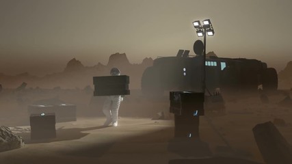 Wall Mural - an astronaut in a space suit carries a power cube type object in a desolate mar like environment. co
