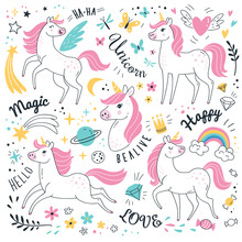 Unicorns Collection. Vector Illustration Of Cute Cartoon White Unicorns In Doodle Style With Pink Mane. Isolated On White Background.
