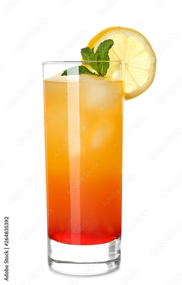 Glass of Tequila Sunrise cocktail on white background