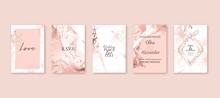 Rose Gold Marble Texture Card. Floral, Lilies Bouquet Wedding Invitation Design. Liquid Art Background.