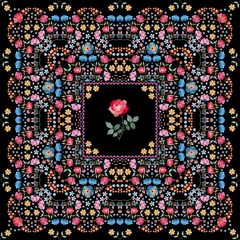 Wall Mural - Beautiful bandana print with embroidery summer flowers and red rose in the center. Lovely tablecloth with floral motifs.