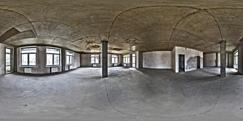 Sticker - Empty room without repair. full seamless spherical hdri panorama 360 degrees in interior of white loft room office with panoramic windows in equirectangular projection