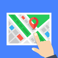 Poster - map and pointing hand. location, navigation concepts. flat design. vector illustration
