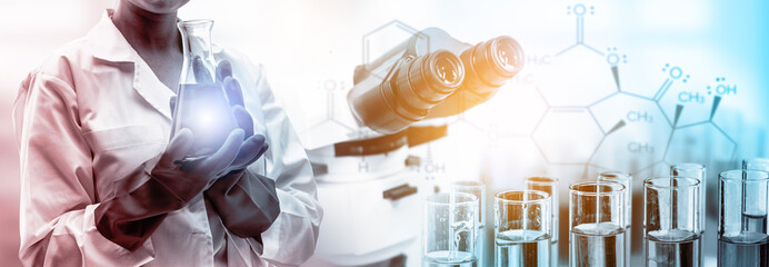 Poster - Research and development concept. Double exposure image of scientific and medical lab instrument, microscope, test tube and glass flask for microbiology and chemistry in laboratory for medicine study.
