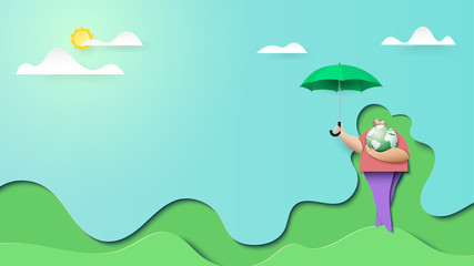 Aufkleber - Woman save green earth landing page template background paper art style.Ecology and environment conservation creative idea concept.Vector illustration.