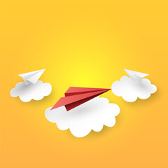 Wall Mural - paper airplanes flying on clouds and yellow sky background.paper art of business leadership and team