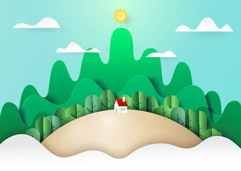 paper art of nature landscape concept with little cattage,forest and mountains background.ecology an