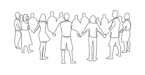 unity, friendship continuous single line drawing. people, friends holding hands together.