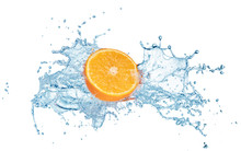 Half Of Fresh Orange Fruit In Water Splash