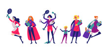 Women In Superhero Costumes Do Housework, Cleaning, And Raising Children.