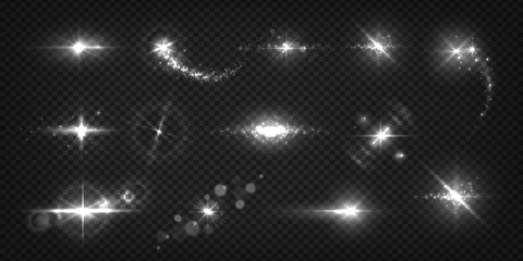Wall Mural - glowing light effects. realistic flashes and sparks, star shine and sunburst isolated transparent se