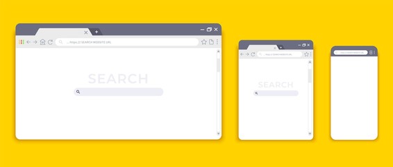Browser mockups. Website interface for different devices, empty laptop tablet and mobile internet page. Vector browser window modern design