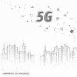 Fototapeta Miasto - 5G new wireless internet wifi connection. Urban buildings cityscape. Global network high speed innovation connection data rate technology vector illustration