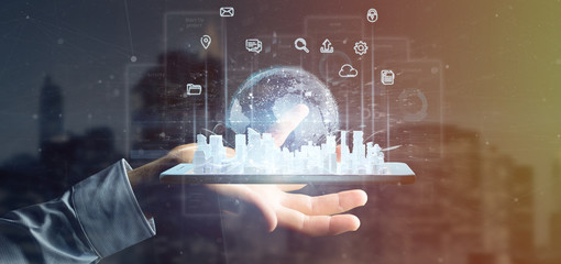 Poster - Businessman holding Smart city user interface with icon, stats and data 3d rendering