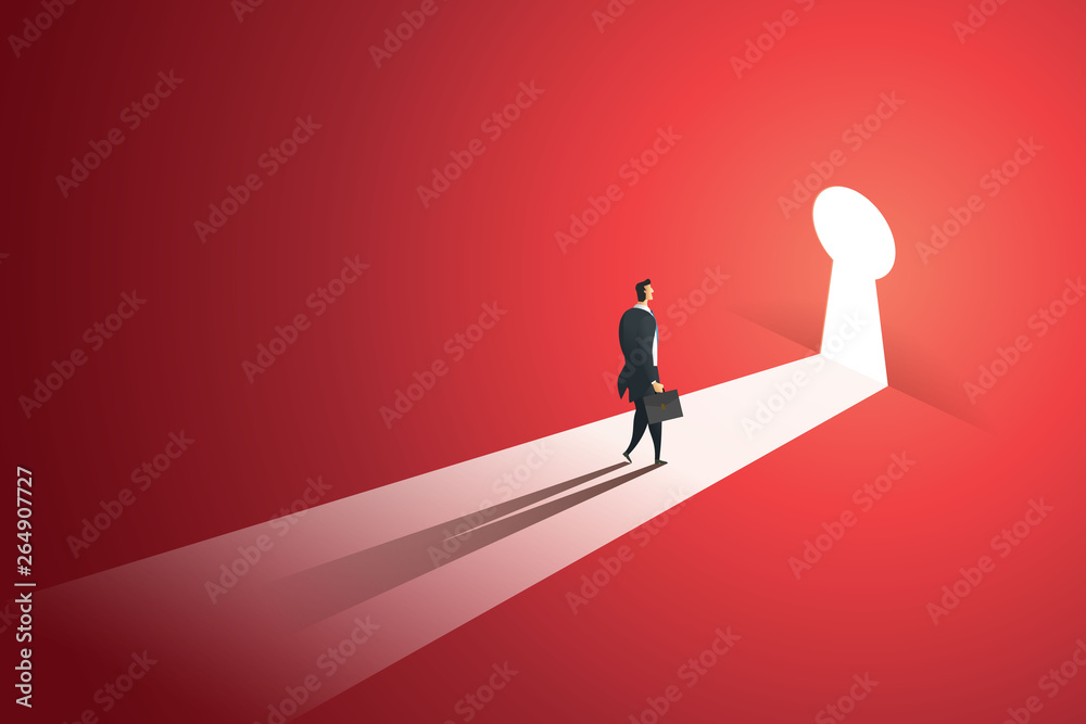 Businessman walking go to near keyhole door in the wall of the hole at light falls. illustration Vector - obrazy, fototapety, plakaty 