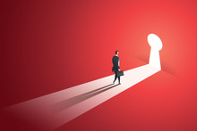 Businessman Walking Go To Near Keyhole Door In The Wall Of The Hole At Light Falls. Illustration Vector