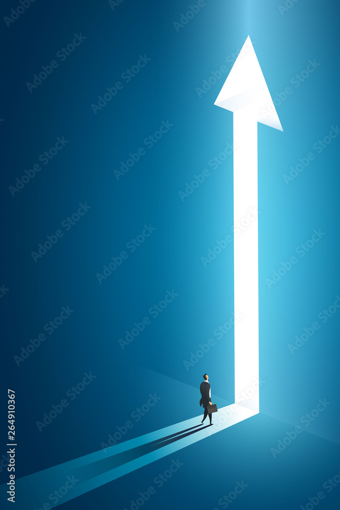 Businessman walking go to front of bright big shining arrow in the wall darke blue of the hole at light falls. illustration Vector - obrazy, fototapety, plakaty 