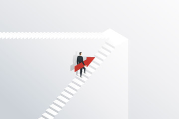 Wall Mural - Businessman holding an arrow up the stairs to target goal and success. Business concept illustration Vector